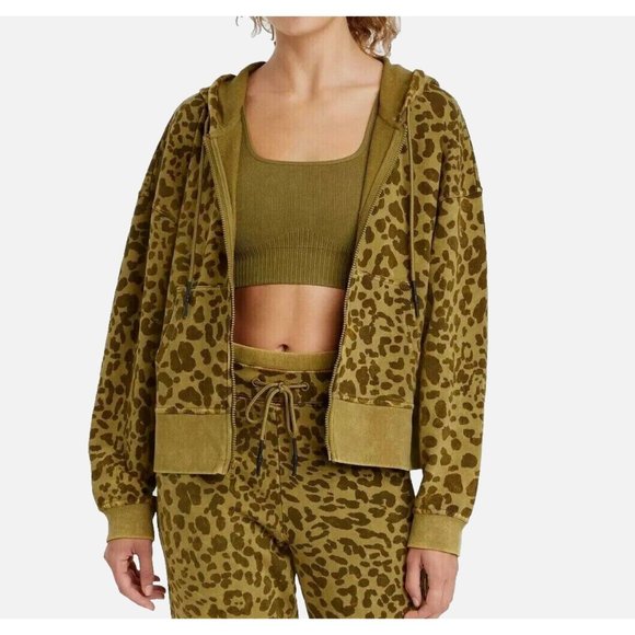 JoyLab - Women's Full Zip Leopard Print Hoodie Sweatshirt - Olive Green - XS - Picture 1 of 16